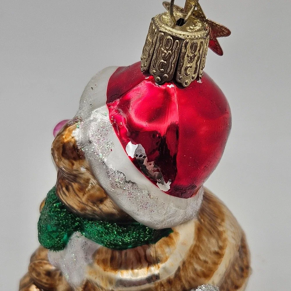 Vintage OWC Glass Cat & Mouse Christmas Ornament Santa Hat